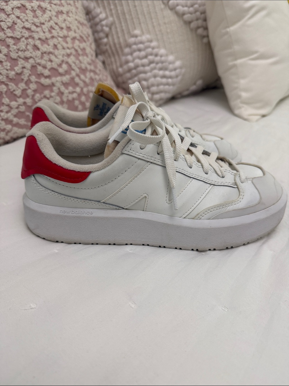New Balance White Sneakers with Red Heel Tab